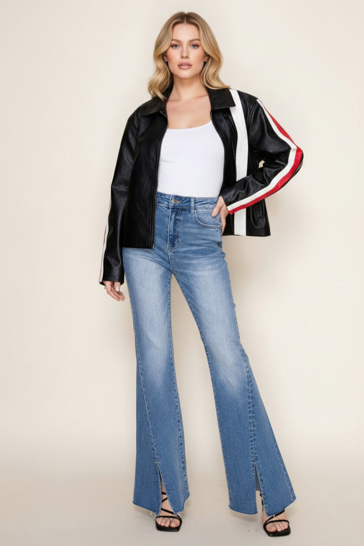 PLUS SIZE BLACK PU LEATHER JACKET WHIT FRONT ZIP-UP-WBT11052P