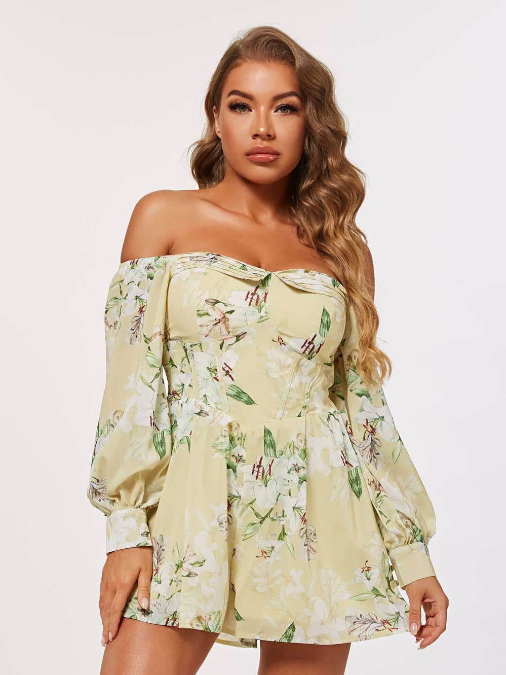 FLORAL LONG SLEEVES OFF SHOULDER ROMPER CWCR38169