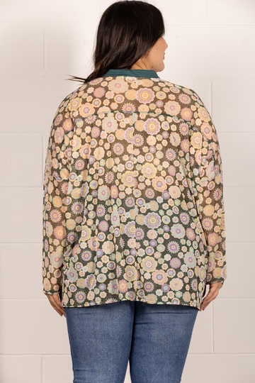 BROWN MANDARIN COLLAR FLORAL PRINT PLUS SIZE TOP T7538