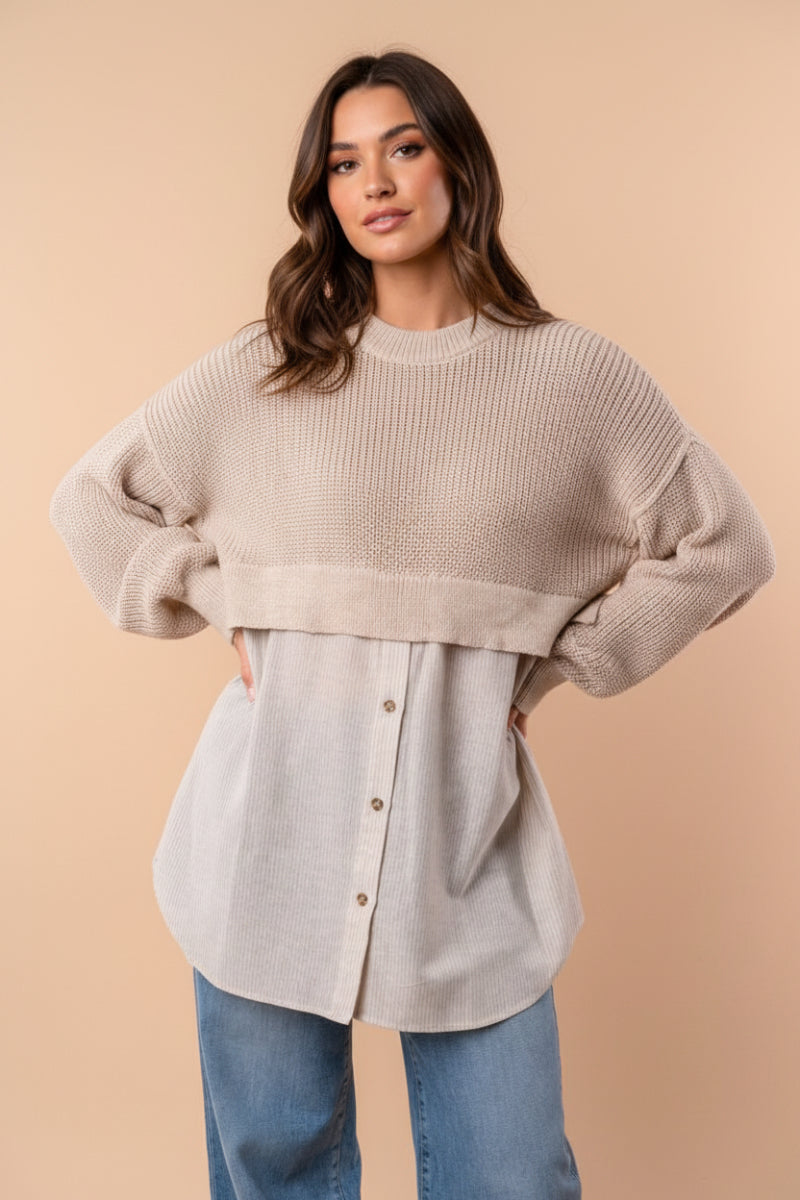 LONG SLEEVE HALF SWEATER HALF BUTTON DOWN TOP-WB10522XL
