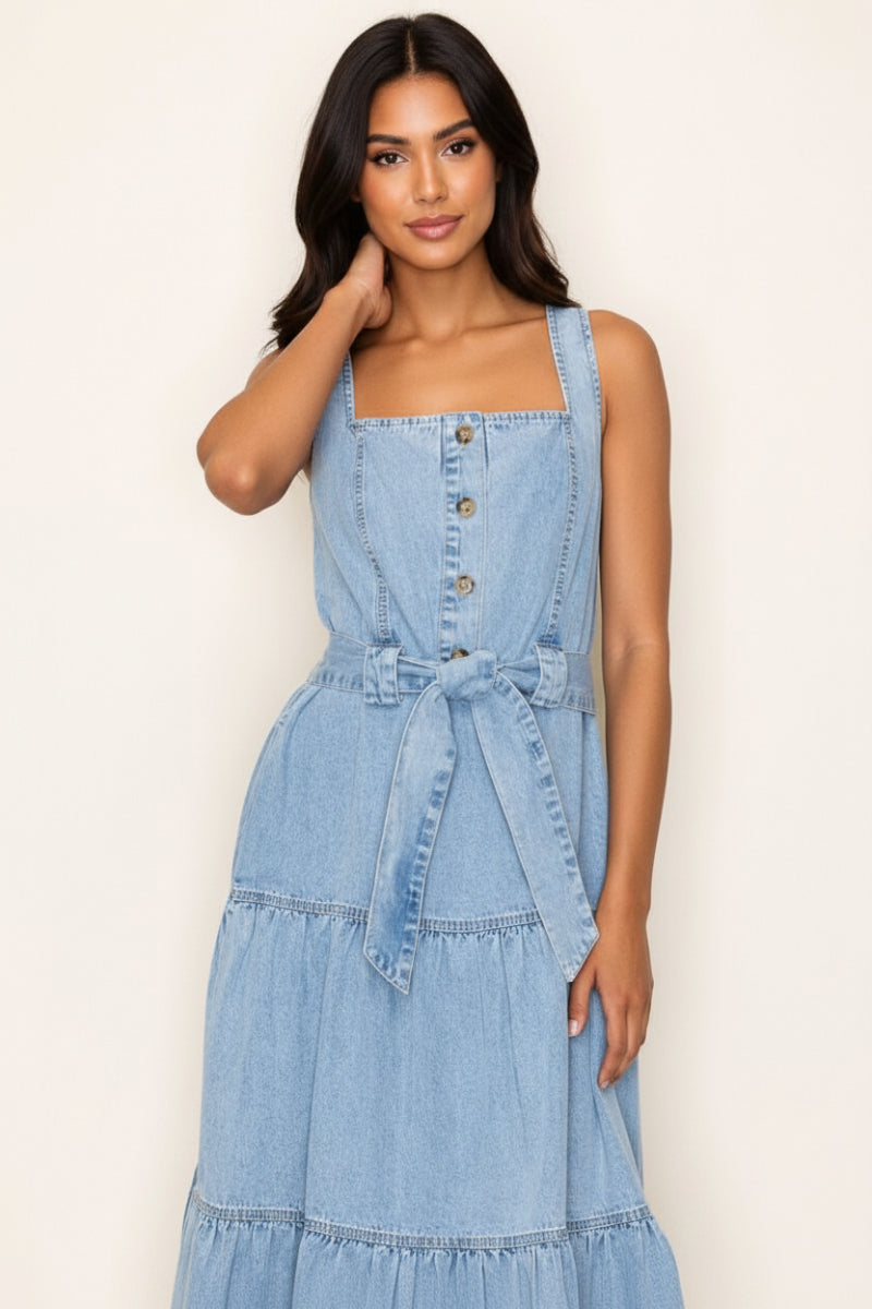 WAIST TIE SQUARE NECK DENIM MIDI DRESS-WBD90762XL
