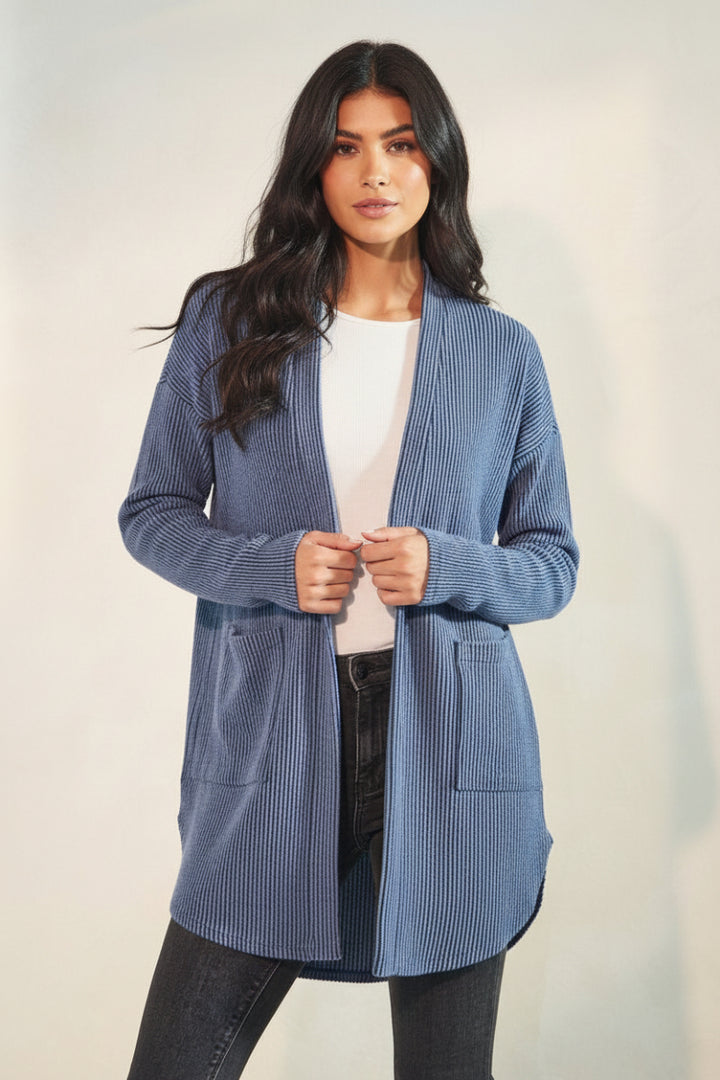 LONG SLEEVE SOLID BRUSHED URBAN RIBBED OPEN CARDIGAN-HMEJ6782-18