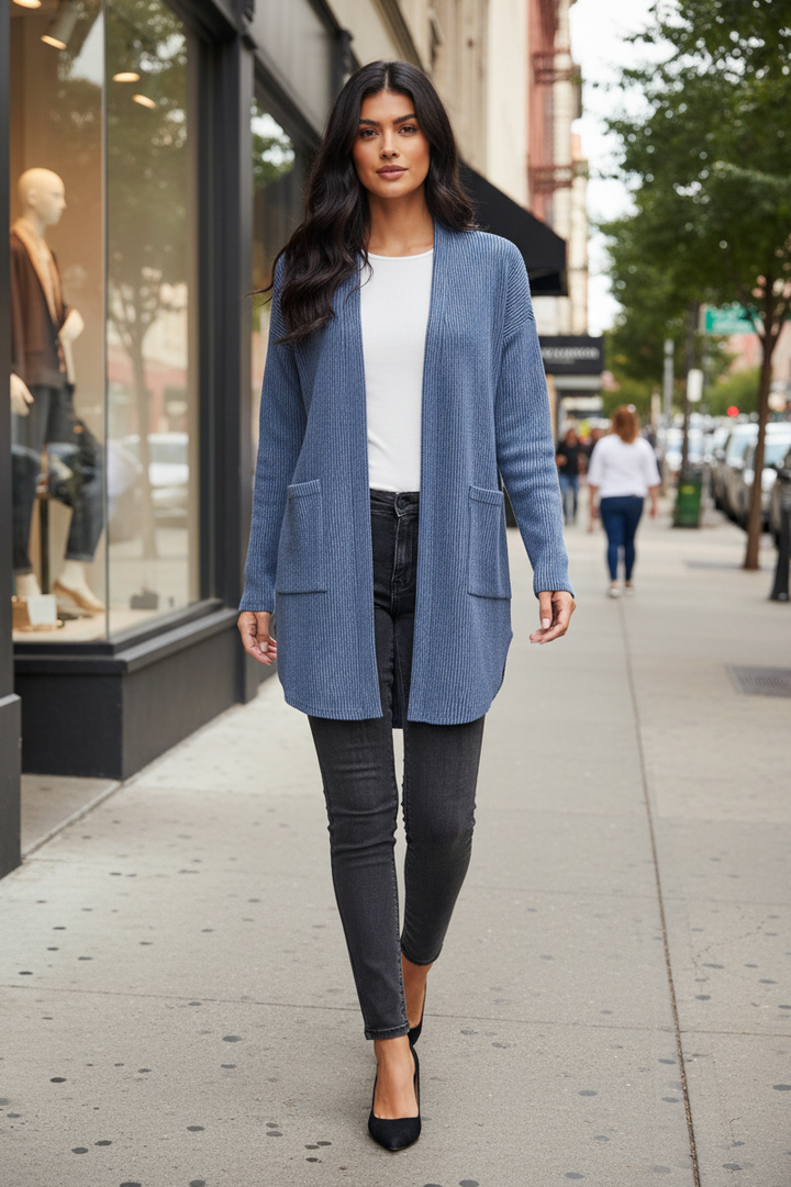 LONG SLEEVE SOLID BRUSHED URBAN RIBBED OPEN CARDIGAN-HMEJ6782-18
