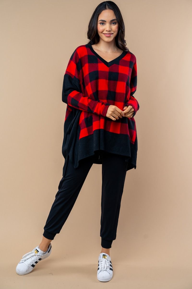 LONG SLEEVE PLUS SIZE CHECK KNIT TOP-T25702P