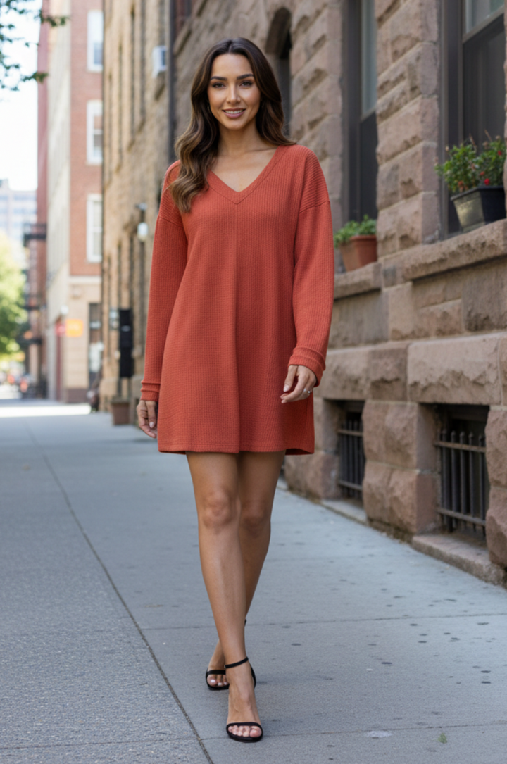 RIBBED KNIT LONG SLEEVES MINI DRESS-ND30196-