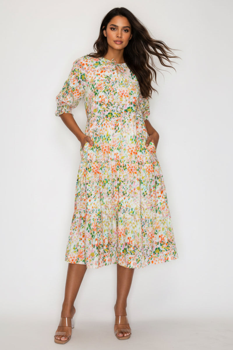 TIERED BOHO FLORAL MIDI DRESS 3/4 SLEEVES DETAIL RUFFLED NECK Orange / 2S-2M-2L-2XL