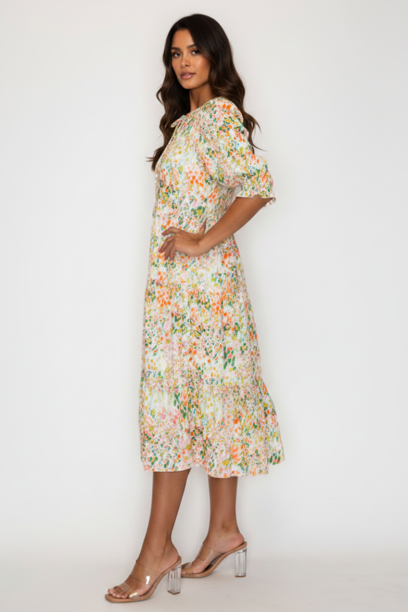 TIERED BOHO FLORAL MIDI DRESS 3/4 SLEEVES DETAIL RUFFLED NECK Orange / 2S-2M-2L-2XL