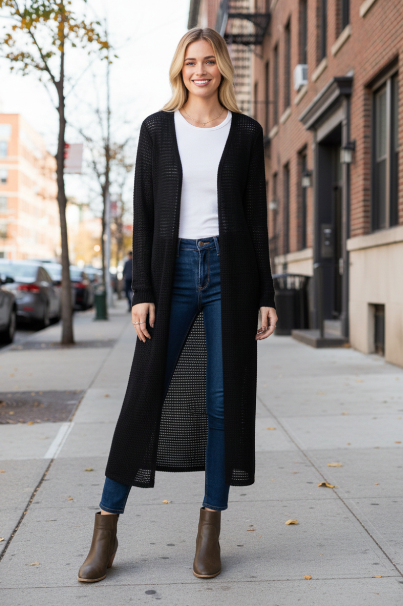LONG SLEEVE SOLID WAFFLE OPEN CARDIGAN-HMEJ6717-16