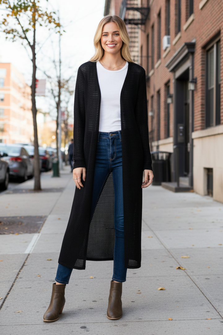 LONG SLEEVE SOLID WAFFLE OPEN CARDIGAN-HMEJ6717-16