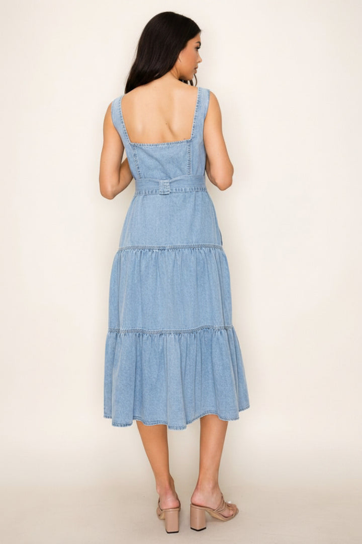 WAIST TIE SQUARE NECK DENIM MIDI DRESS-WBD90762XL