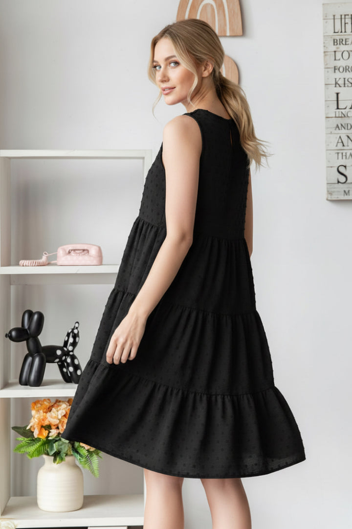 PLUS SIZE ROUND NECK SOLID SWISS DOT TIERED MINI DRESS-HMED6840-10