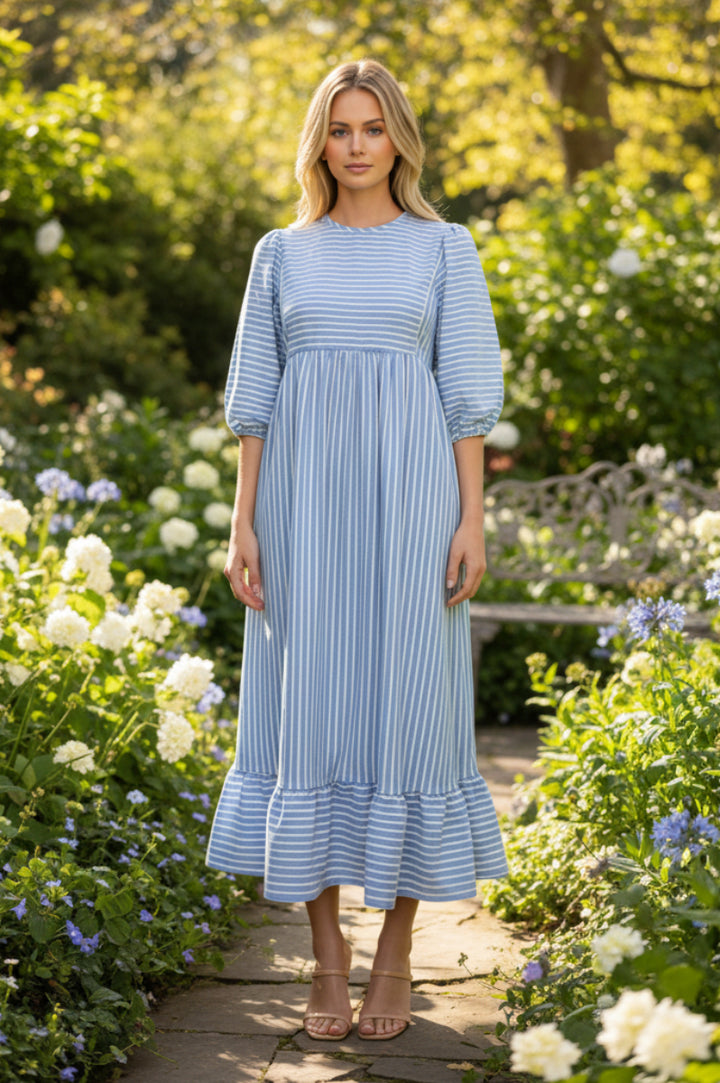 PLUS SIZE LOOSE FIT STRIPPED MIDI DRESS WITH BALLOON SLEEVE