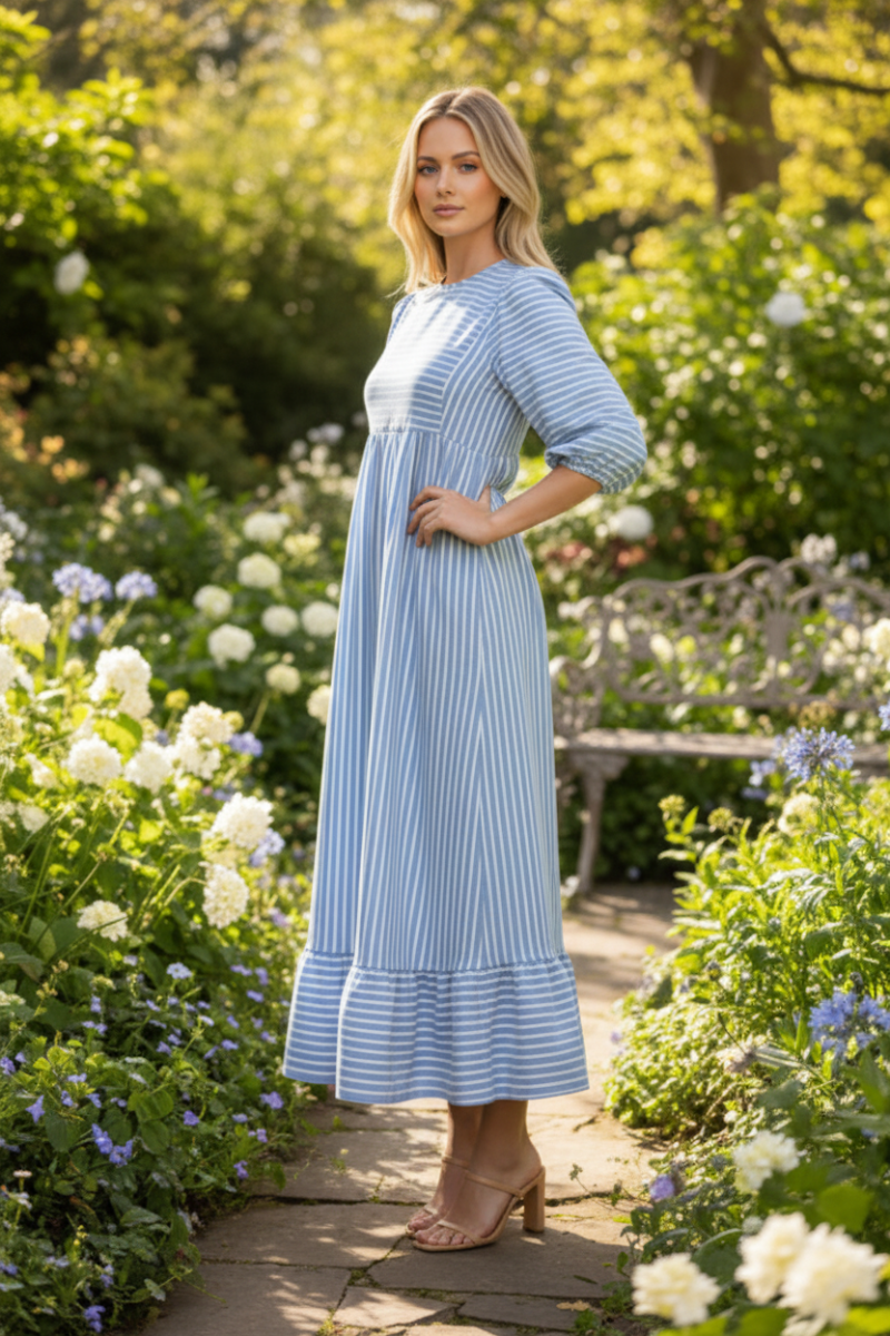 PLUS SIZE LOOSE FIT STRIPPED MIDI DRESS WITH BALLOON SLEEVE