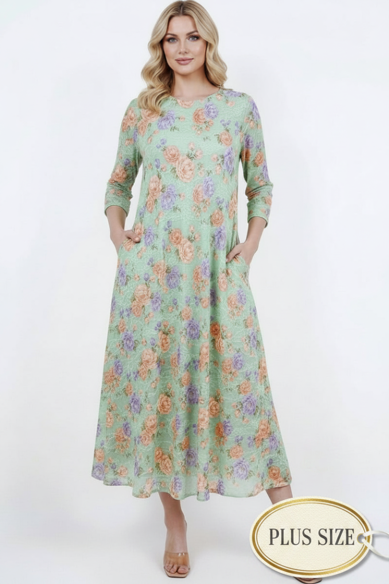 PLUS SIZE FLORAL LACE, DESIGNED WITH A MODEST ROUND NECK MIDI DRESS