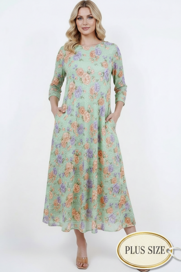 PLUS SIZE FLORAL LACE, DESIGNED WITH A MODEST ROUND NECK MIDI DRESS