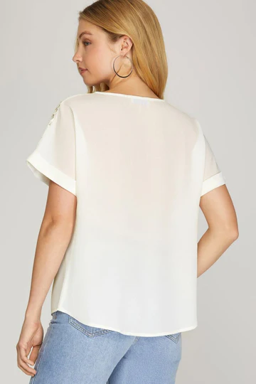 DROP SHOULDER LACE CONTRAST WOVEN TOP