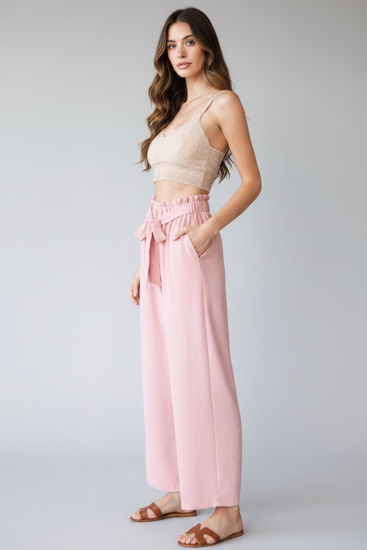 PLUS SIZE SOLID CASUAL PANTS WITH PAPERBAG WAISTBAND-HMET6700