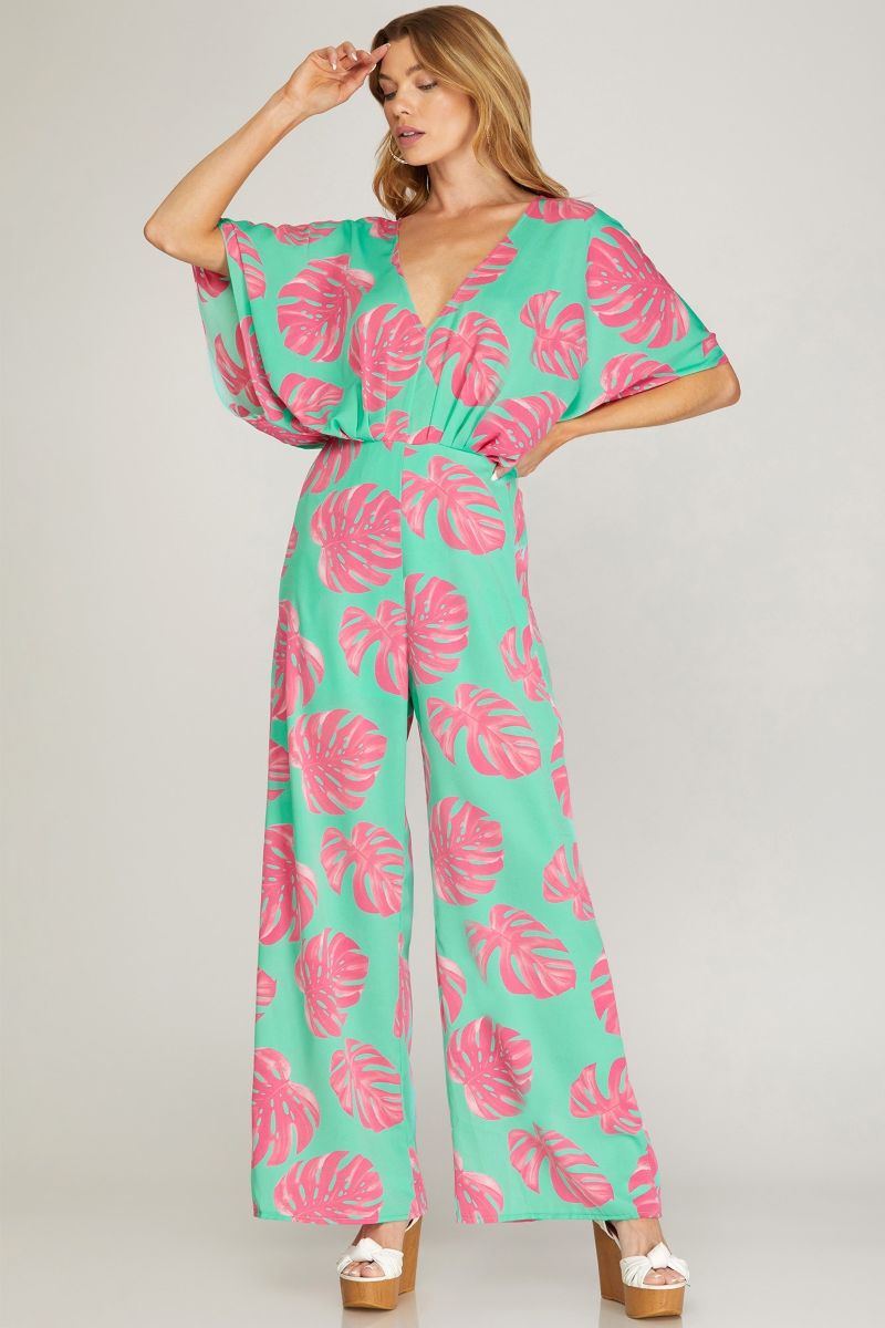 FUCHSIA KIMONO SLEEVES TROPICAL PRINT JUMPSUIT SKSY4856