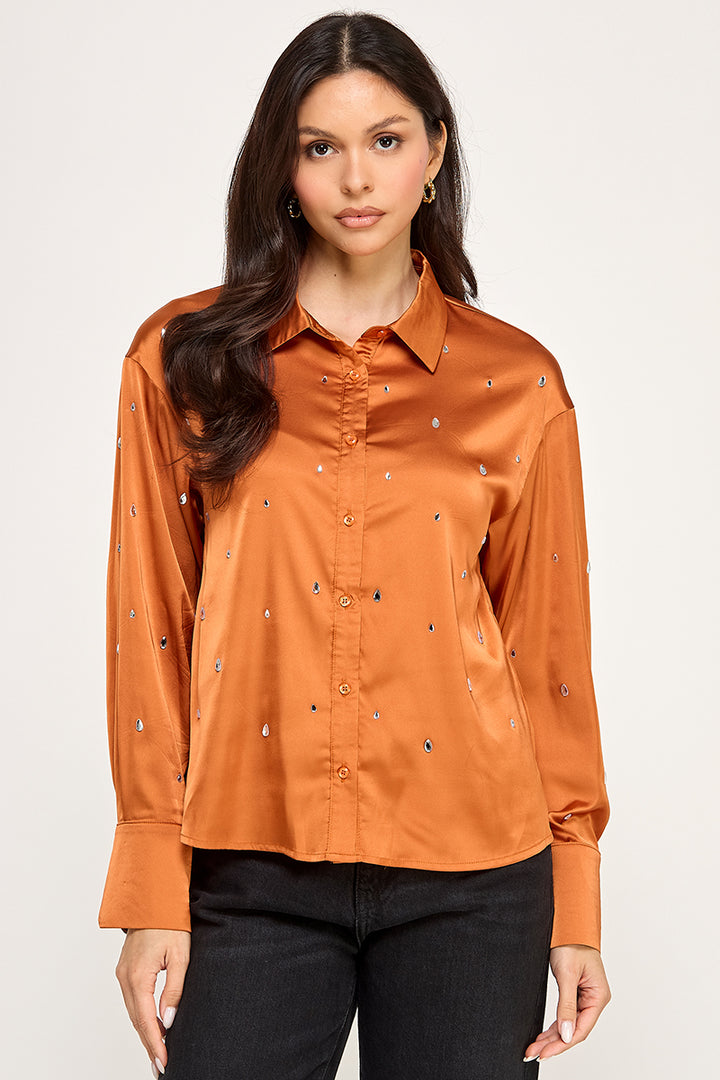 SATIN LONG SLEEVE BLOUSE-RHINESTONE EMBELLISH