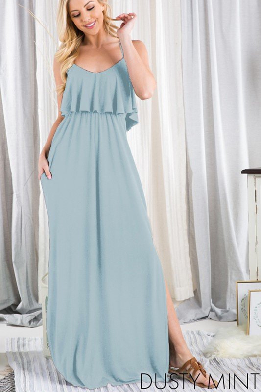 RUFFLED SLEEVELESS SOLID PLUS MAXI DRESS