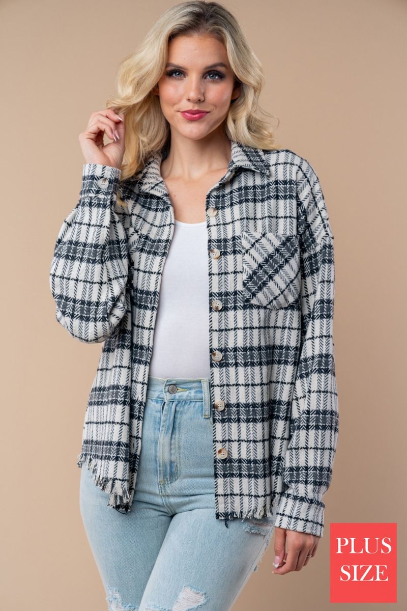 BUTTON DONE PLUS SIZE PLAID WOVEN SHACKET