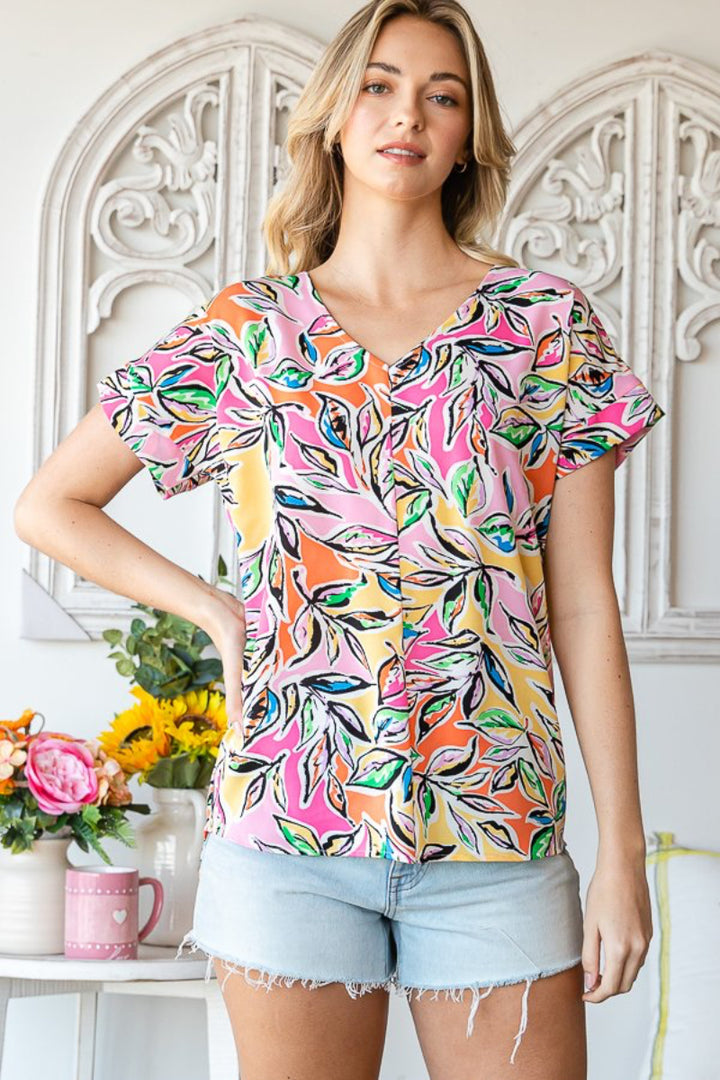 PLUS-V NECK MULTI COLOR FLORAL PRINT  TOP