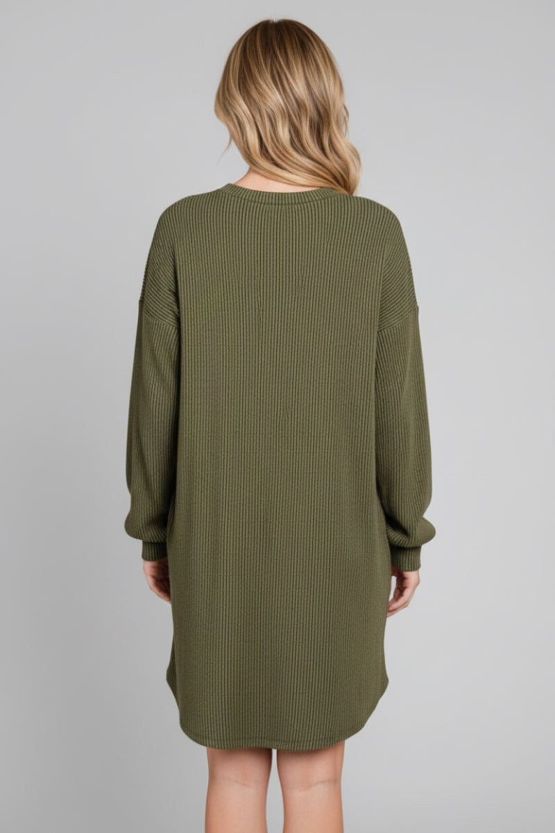 LONG PUFF SLEEVE SOLID URBAN RIBBED MINI DRESS