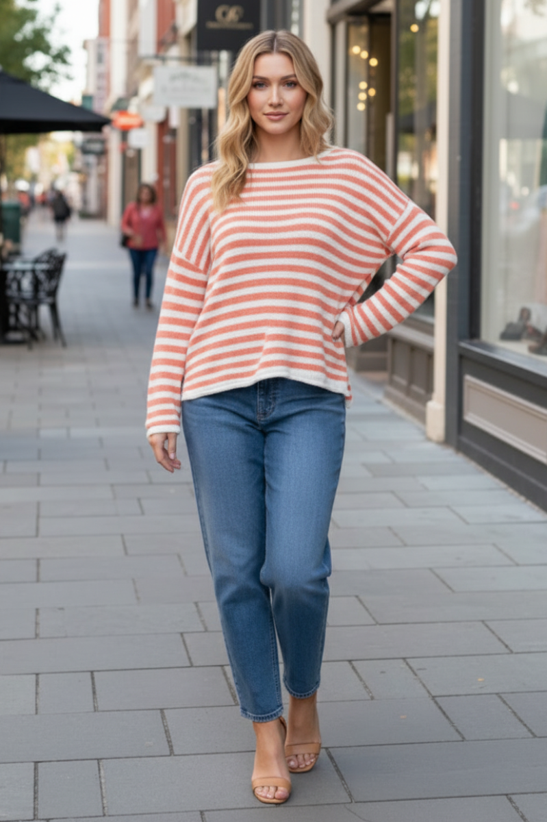 STRIPE ROUND NECK LONG SLEEVE KNIT TOP-WBT10601XL