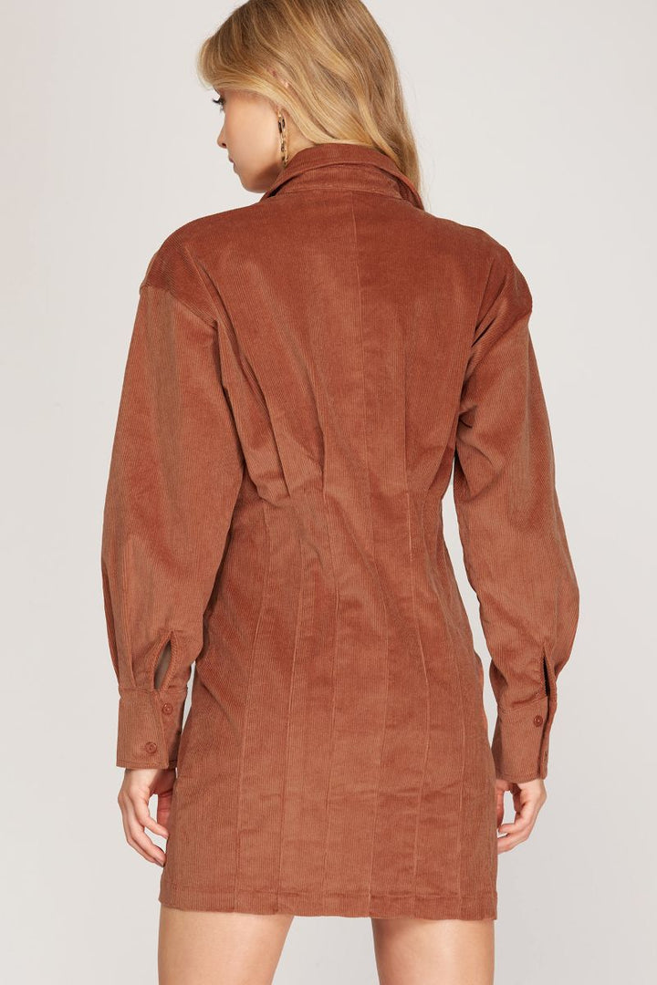 TAUPE LONG SLEEVE CORDUROY TUCKED SHIRT MINI DRESS SKSS8191
