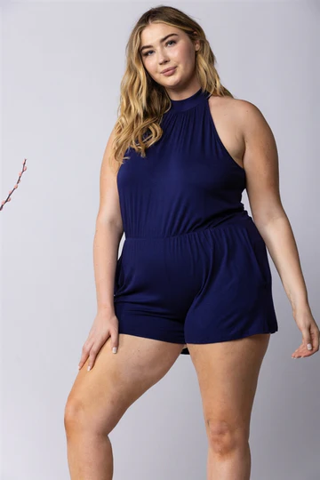 MAGENTA HALTER NECK SIDE POCKETS PLUS SIZE ROMPER-SP1013SX