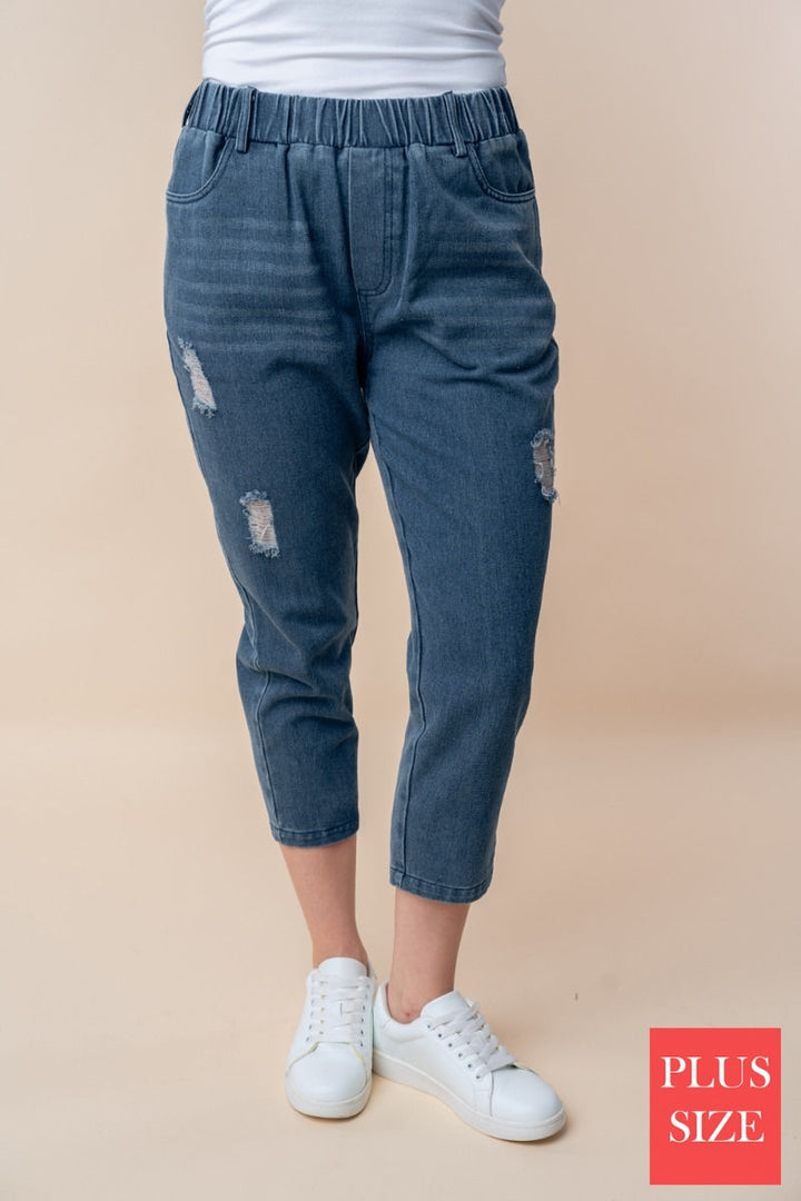 HIGH WAISTED SOLID PLUS SIZE DENIM CAPRI PANTS