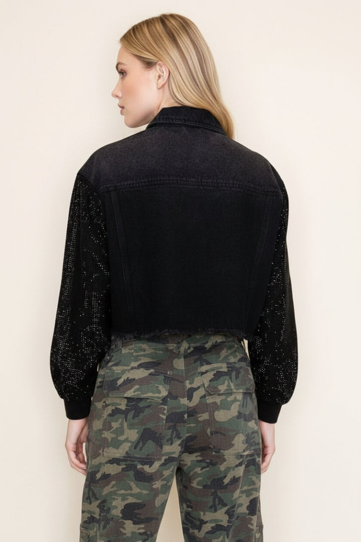 BLACK DENIM JACKET WHIT JEWEL PATTERN SLEEVE-WBT10870XL