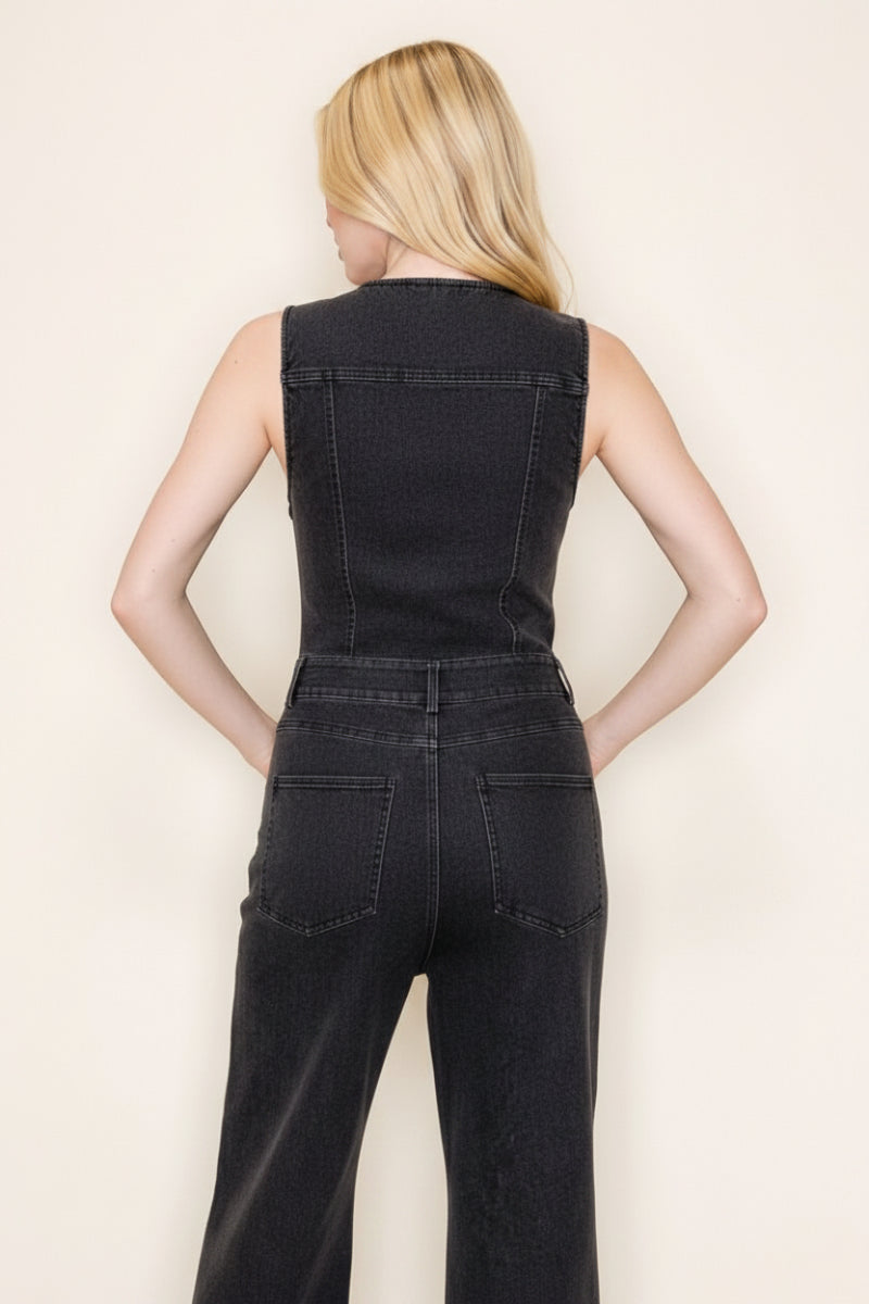 BUTTON DOWN SOLID DENIM JUMPSUIT