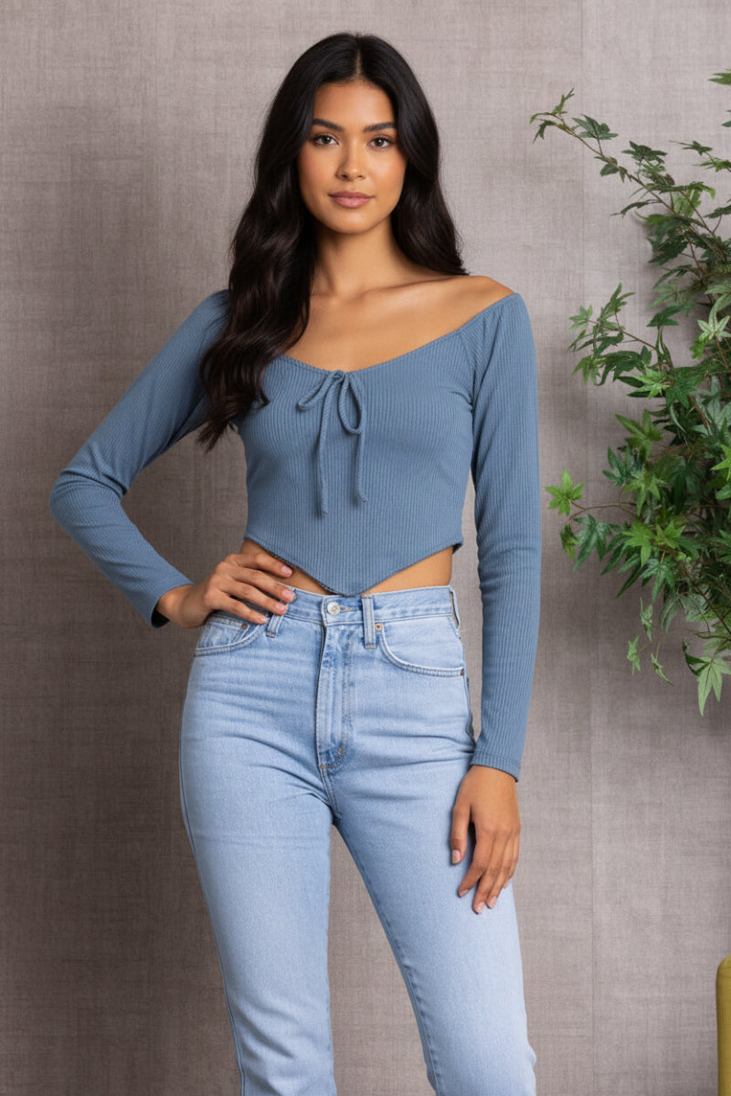 SPRUCE  RIBBED LONG SLEEVES V-CUT HEMLINE  CROP TOP-L7328