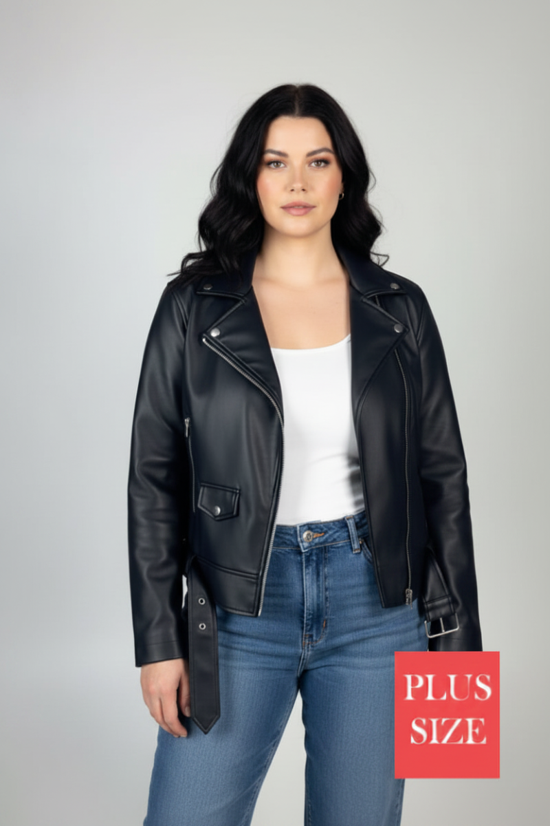 PLUS SIZE BLACK ZIPPERED FAUX LEATHER JACKET