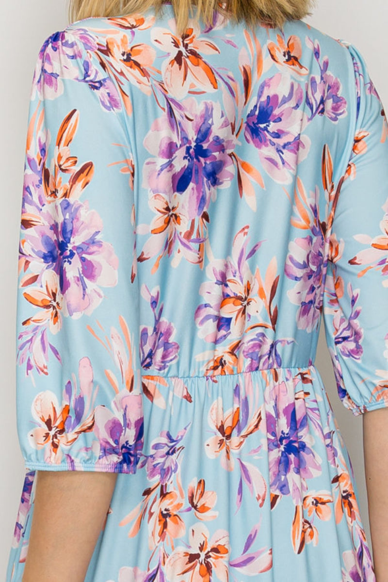 FLORAL ELASTIC CUFF 3/4 SLEEVES TIERED MIDI DRESS-SHVL6094-B