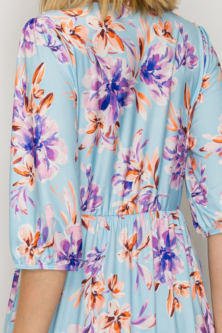 FLORAL ELASTIC CUFF 3/4 SLEEVES TIERED MIDI DRESS-SHVL6094-B
