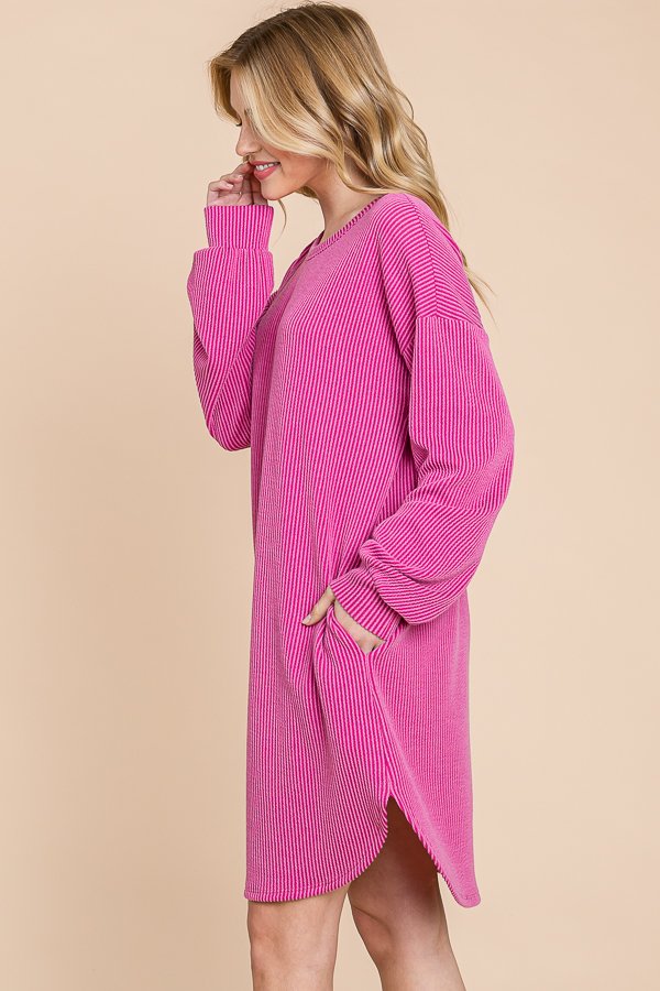 PLUS SIZE LONG PUFF SLEEVE SOLID URBAN RIBBED MINI DRESS