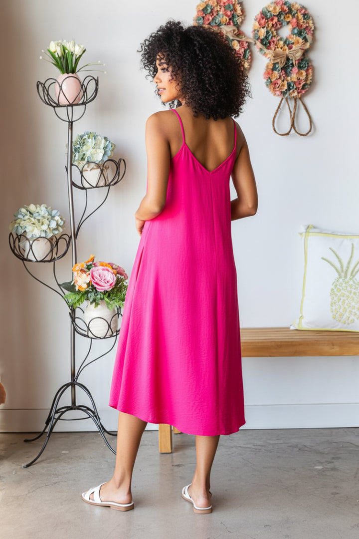 SLEEVELESS SPAGHETTI STRAP V NECK SOLID MIDI DRESS HMED6782-11