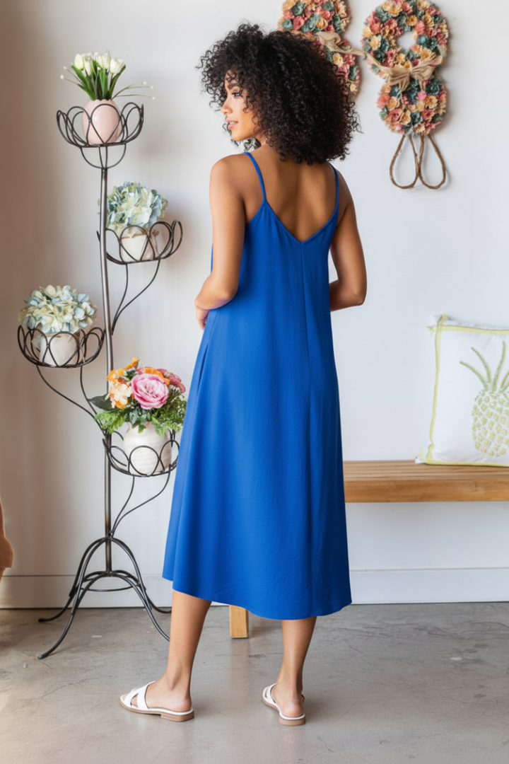 PLUS SIZE SLEEVELESS SPAGHETTI STRAP V NECK SOLID MIDI DRESS*