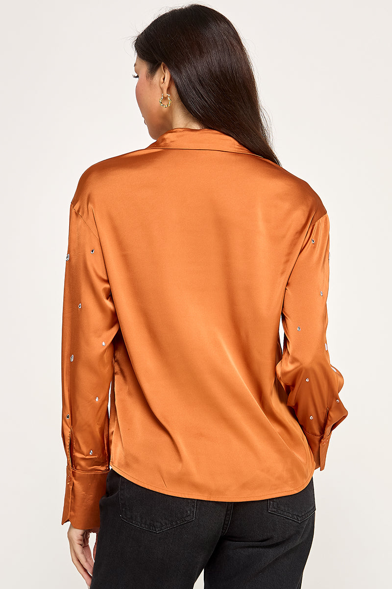SATIN LONG SLEEVE BLOUSE-RHINESTONE EMBELLISH