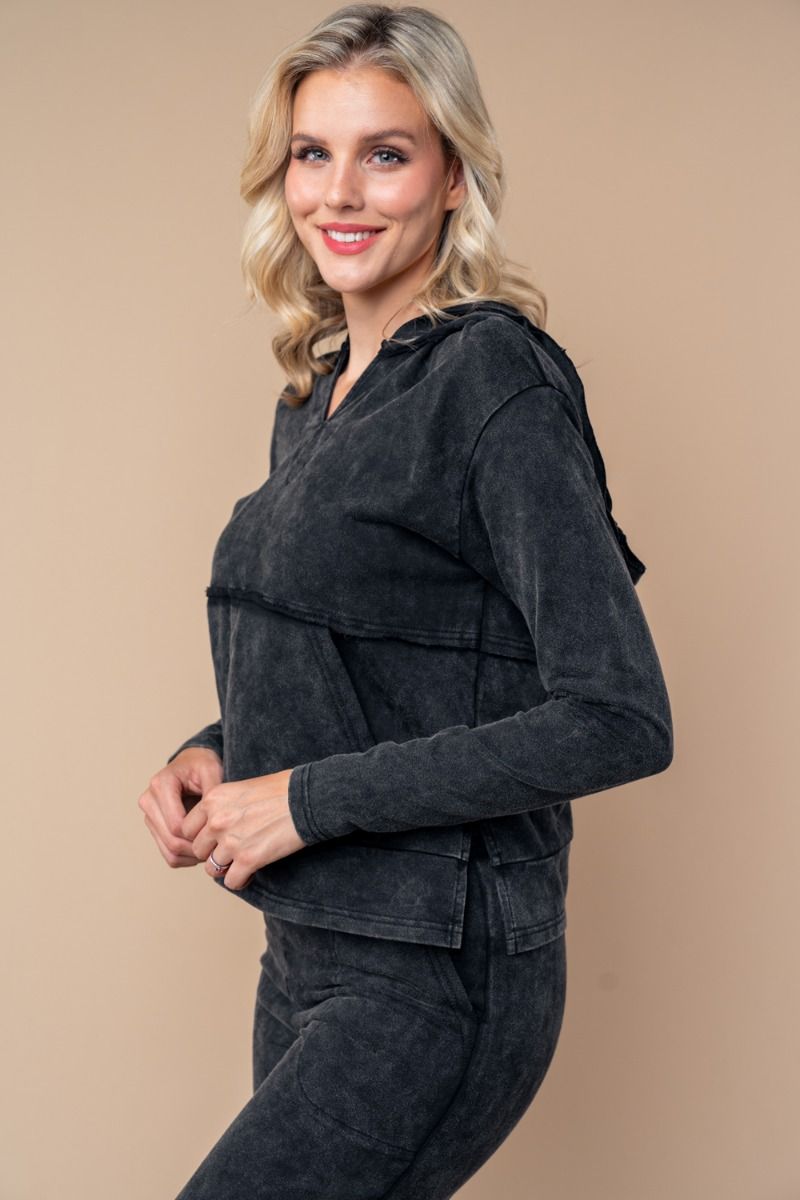 HOODY LONG SLEEVE SOLID KNIT TOP