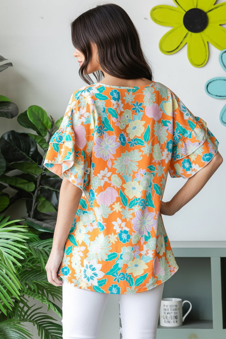 ORANGE FLORAL PRINT DOUBLE RUFFLED V-NECK TOP HMET7105-13