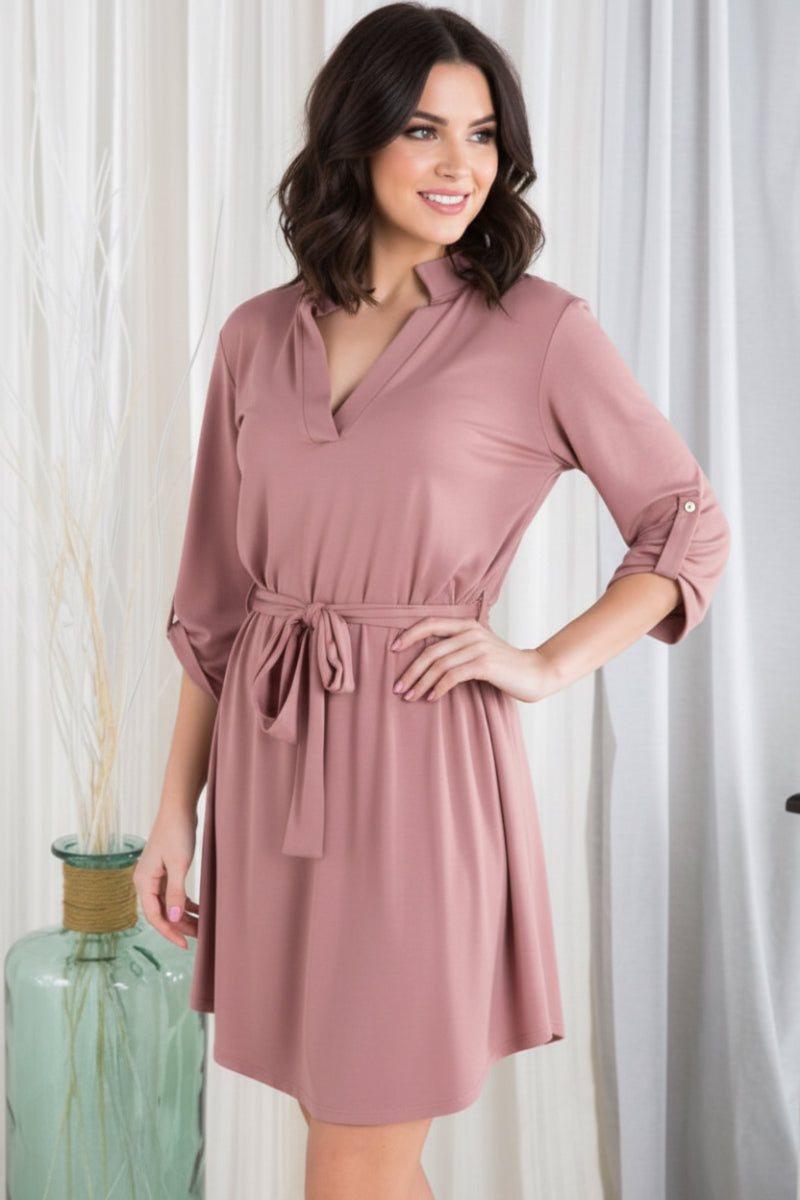 BUTTON SLEEVE MANDARIN COLLAR SOLID MINI DRESSHMED6111S