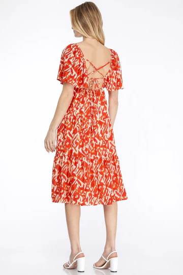 SWEETHART NECK TIERED BACK TIE DETAILD MIDI DRESS