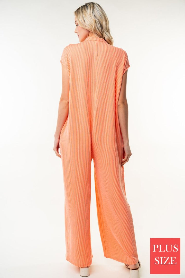 SLEEVELESS SOLID KNITE PLUS SIZE JUMPSUIT WITT HALF BUTTON UP