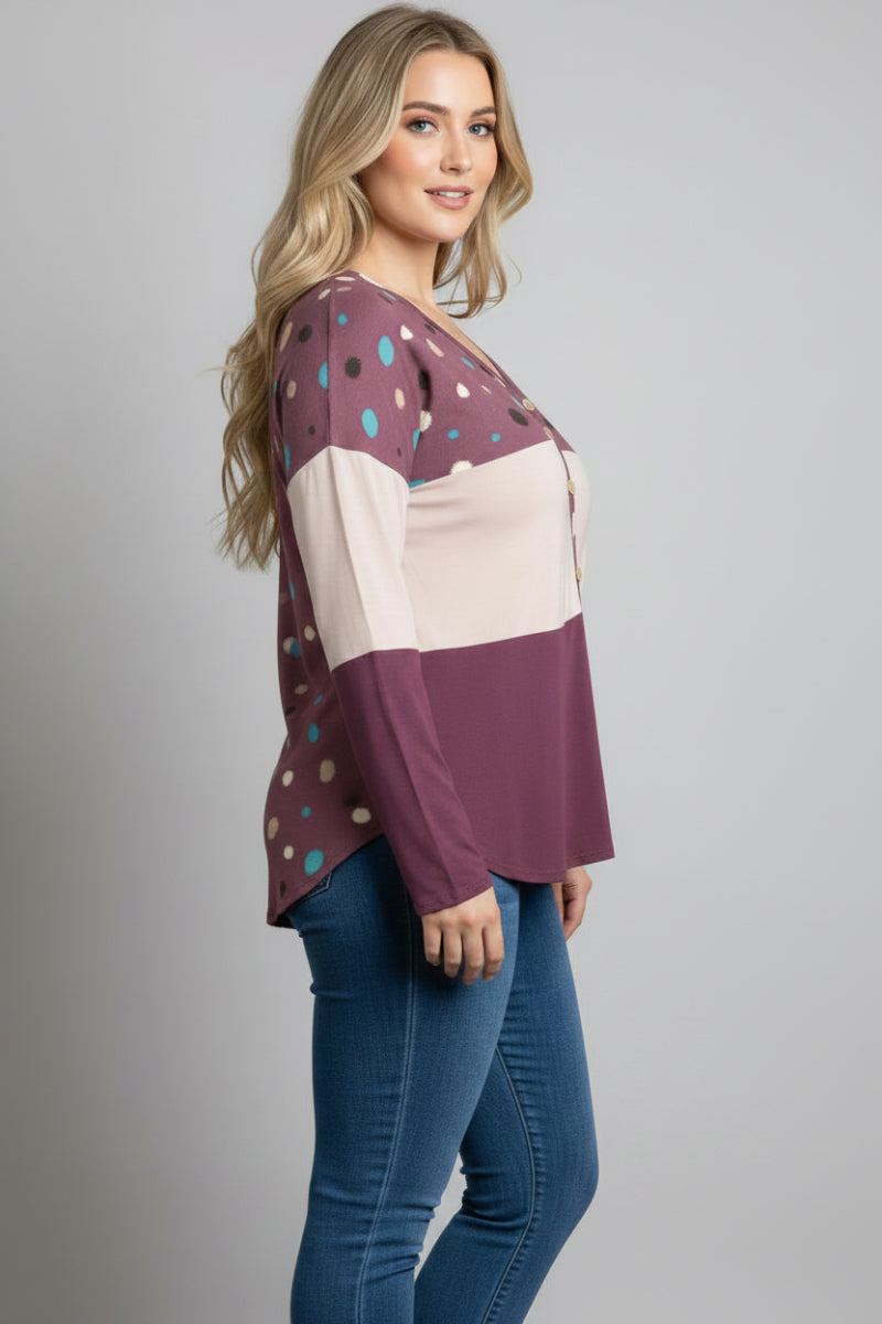 POLKADOT COLOR BLOCK BUTTON DOWN PLUS SIZE SWEATER-CT43590DX-