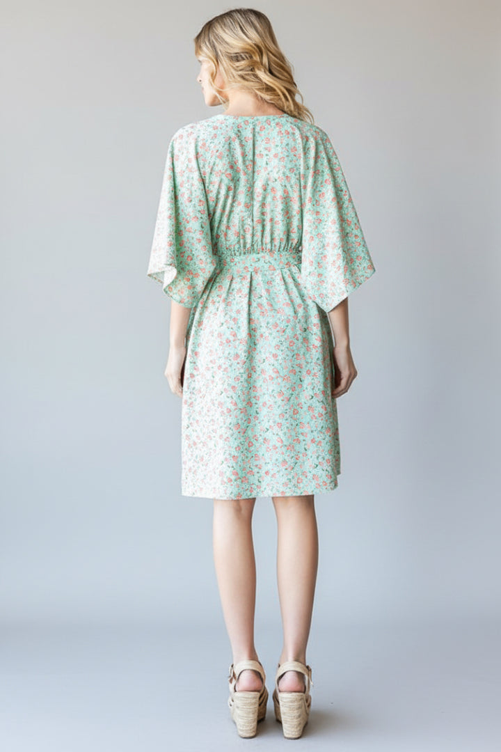 HALF SLEEVE SURPLICE NECKLINE DITSY FLORAL PRINT MINI DRESS-HMED6826-11