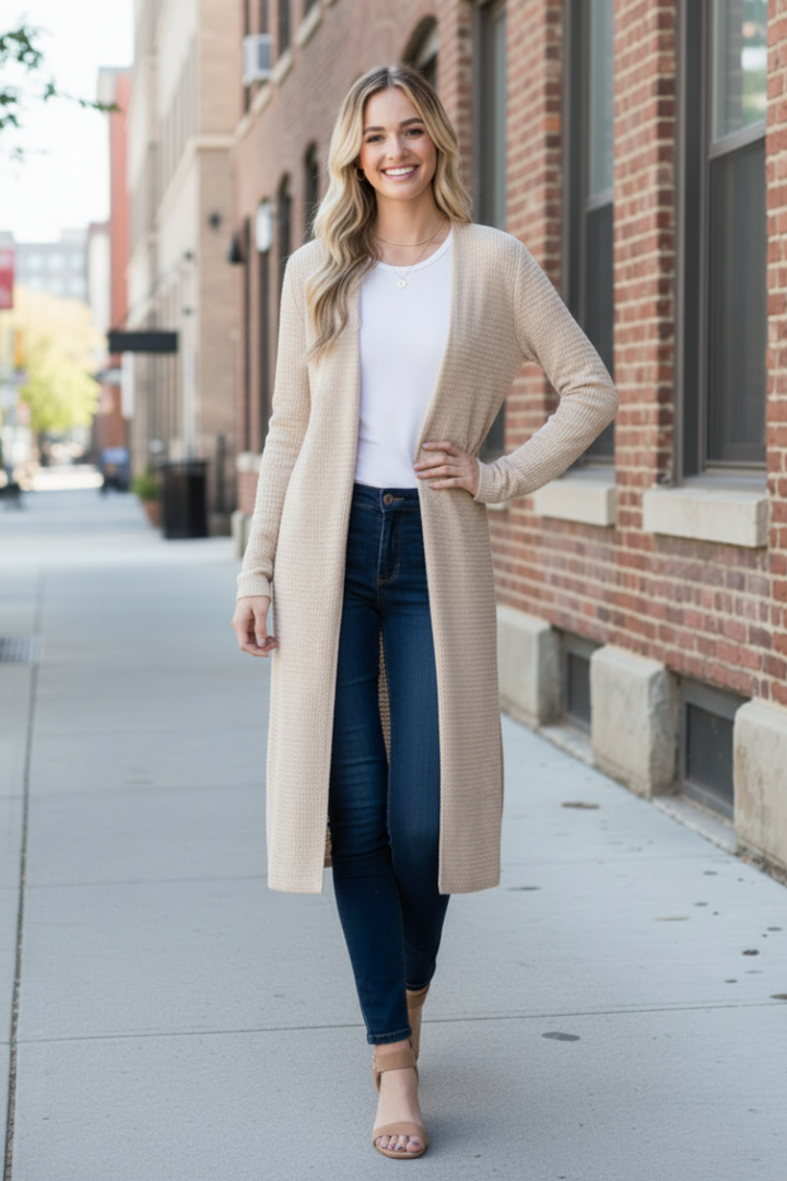 PLUS SIZE LONG SLEEVE SOLID WAFFLE OPEN CARDIGAN