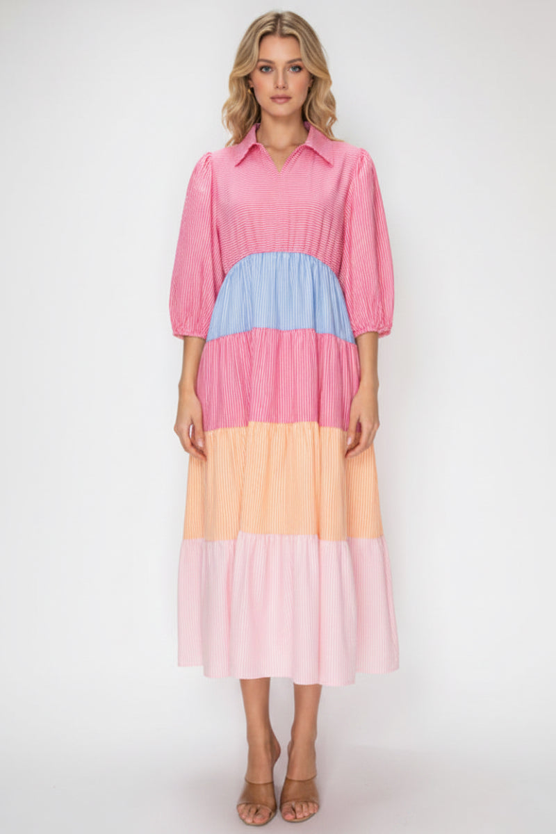 TIERED SILHOUETTE COLORBLOCK MIDI DRESS SHVL6112